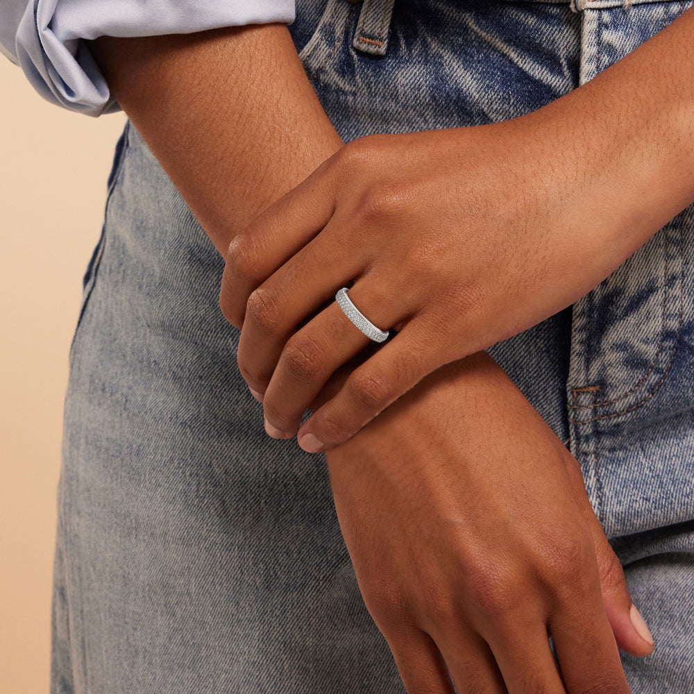 Model Wearing Three Row Micropave Diamond Wedding Band view