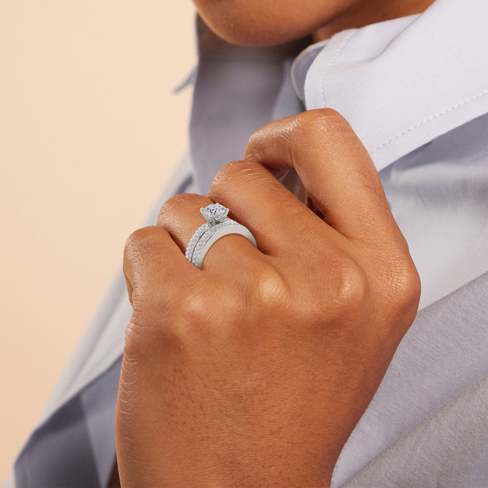 Model Wearing Three Row Micropave Diamond Wedding Band view