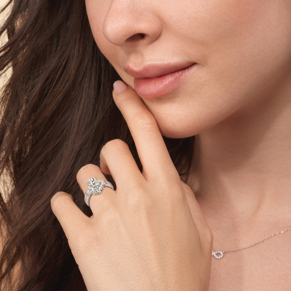 Model Wearing Elegance Twin Baguette Side Stone Engagement Ring with Lab Grown Diamond view