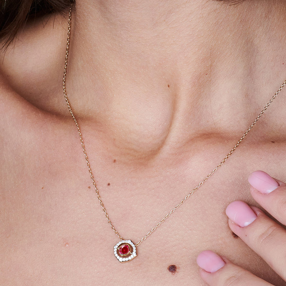 Model Wearing Signature Created Ruby Birthstone Necklace view