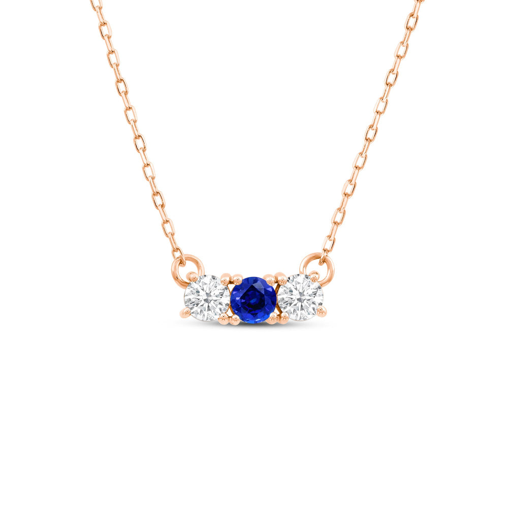 Sapphire and Diamond Dainty Three Stone Necklace with 14KT Rose Gold Cut Diamond in 14KT Rose Gold view 1