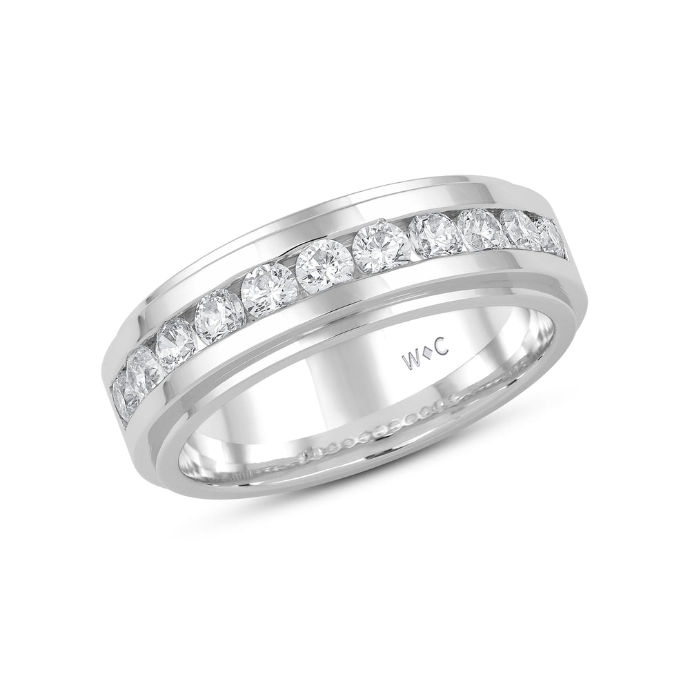 Channel Set Stepped Edge Classic Men's Band with 14KT White Gold / Lab / 1 Cut Diamond in 14KT White Gold / Lab / 1 view 3