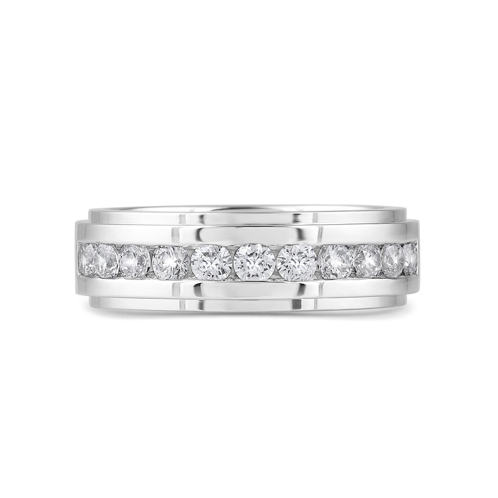 Channel Set Stepped Edge Classic Men's Band with 14KT White Gold / Lab / 1 Cut Diamond in 14KT White Gold / Lab / 1 view 1