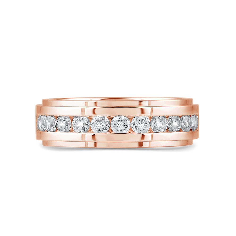 Channel Set Stepped Edge Classic Men's Band with 14KT Rose Gold / Lab / 1 Cut Diamond in 14KT Rose Gold / Lab / 1 view 1