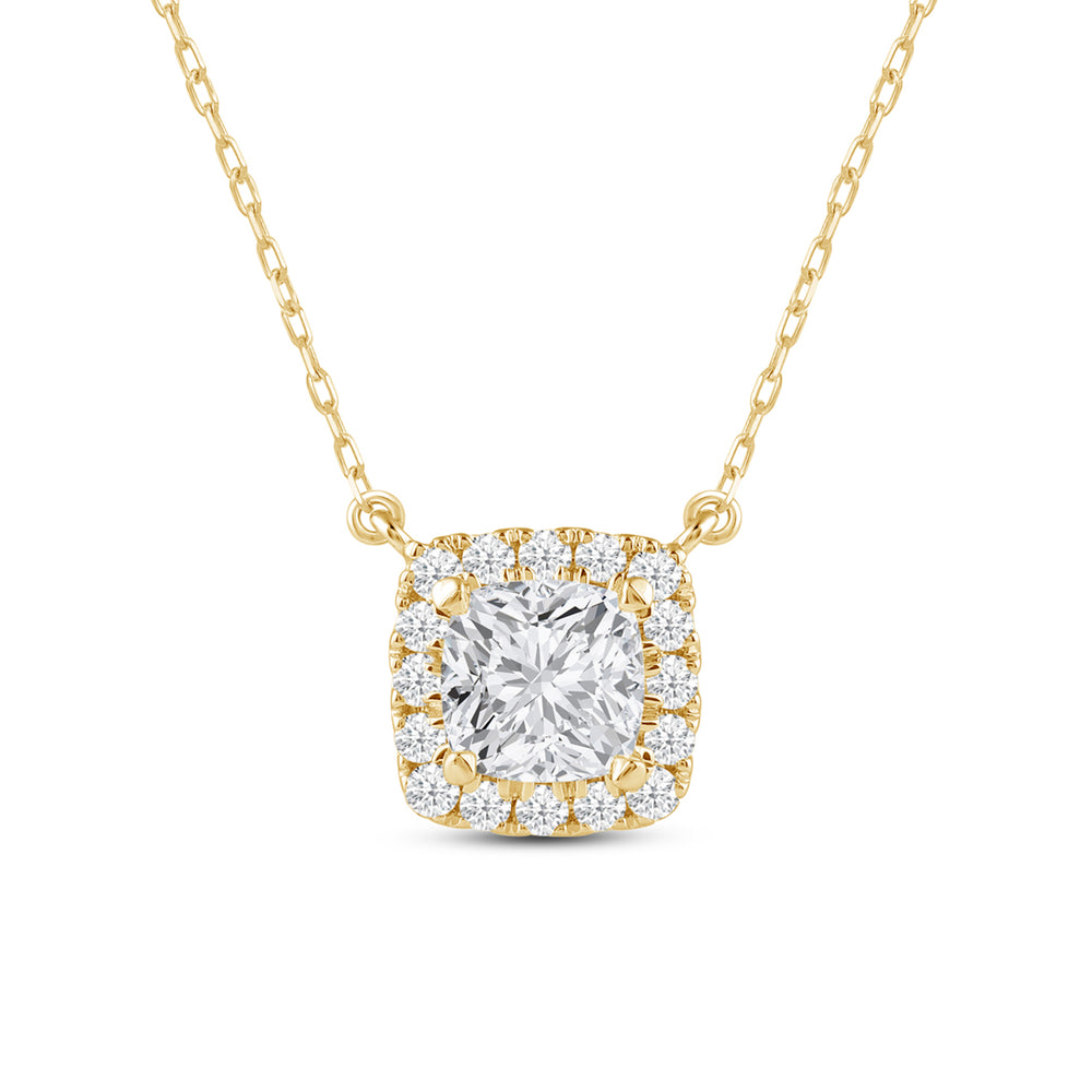 Halo Cushion Lab Created Diamond Necklace with 14KT Yellow Gold / Lab / 3/4 Cut Diamond in 14KT Yellow Gold / Lab / 3/4 view 4