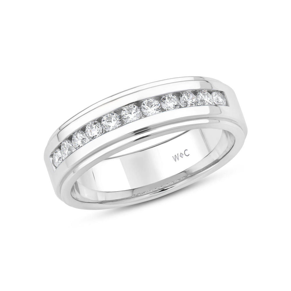Channel Set Stepped Edge Classic Men's Band with 14KT White Gold / Lab / 1/2 Cut Diamond in 14KT White Gold / Lab / 1/2 view 3
