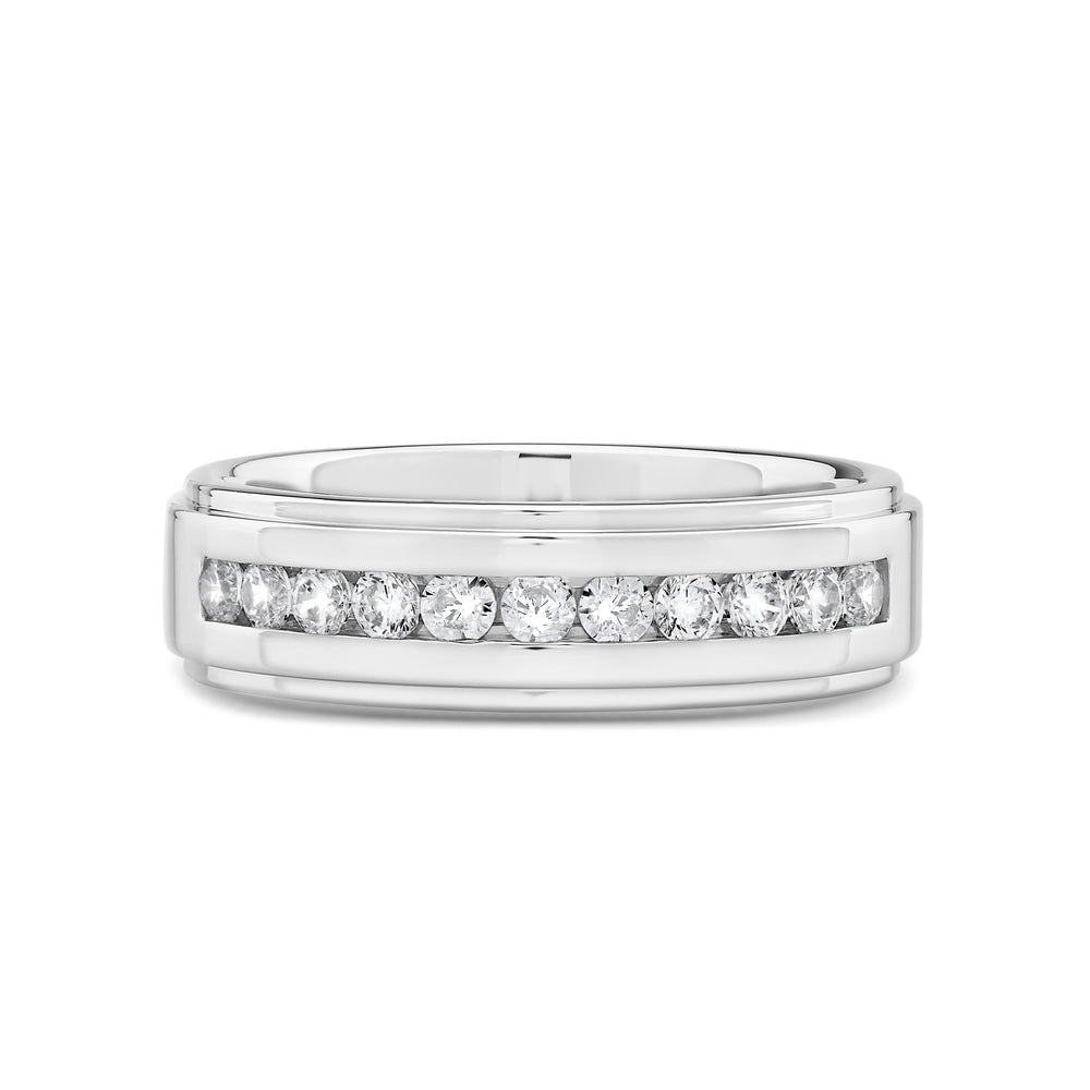 Channel Set Stepped Edge Classic Men's Band with 14KT White Gold / Lab / 1/2 Cut Diamond in 14KT White Gold / Lab / 1/2 view 1