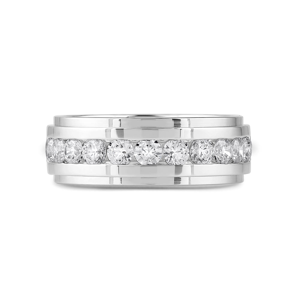 Channel Set Stepped Edge Classic Men's Band with 14KT White Gold / Lab / 1 1/2 Cut Diamond in 14KT White Gold / Lab / 1 1/2 view 1