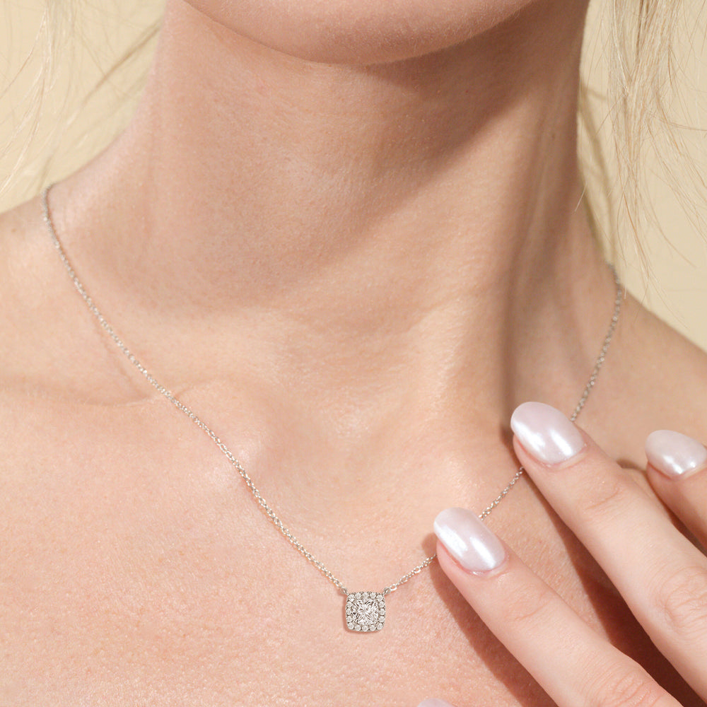 Halo Cushion Lab Created Diamond Necklace with 14KT White Gold / Lab / 1 1/4 Cut Diamond in 14KT White Gold / Lab / 1 1/4 view 2