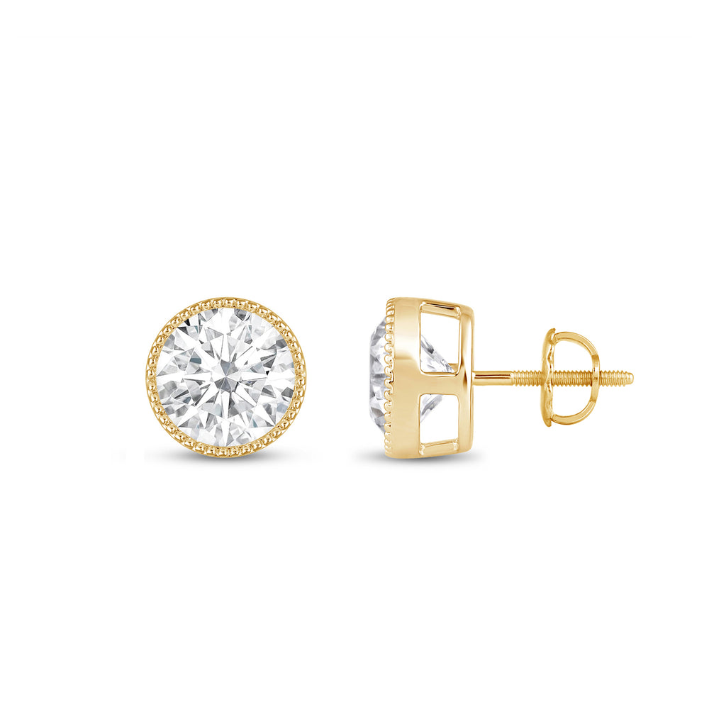 Round Diamond Milgrain Solitaire Stud Earrings with 14KT Yellow Gold / Lab / 2 Cut Diamond in 14KT Yellow Gold / Lab / 2 view 5