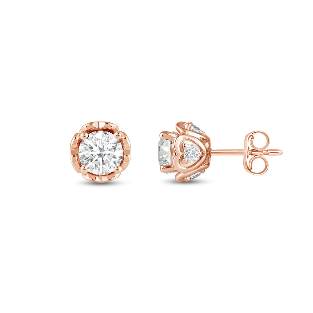 Four Prong Heart Basket Diamond Stud Earrings with 14KT Rose Gold / Lab / 1 Cut Diamond in 14KT Rose Gold / Lab / 1 view 3