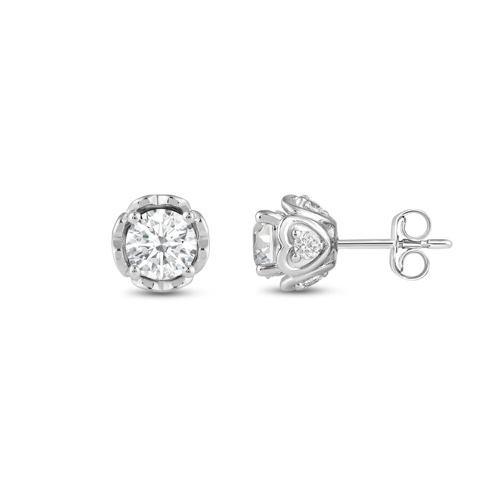 Four Prong Heart Basket Diamond Stud Earrings with 14KT White Gold / Lab / 1 Cut Diamond in 14KT White Gold / Lab / 1 view 3