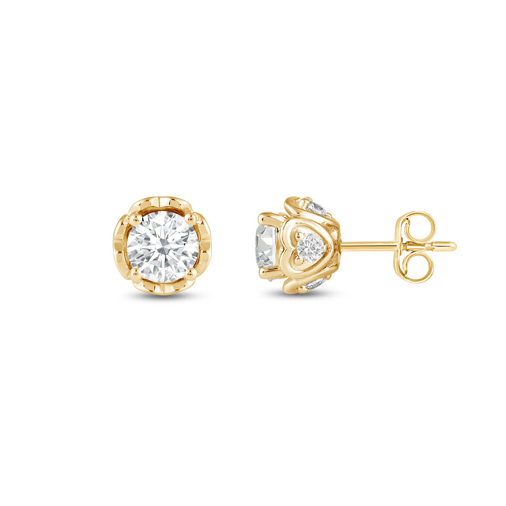 Four Prong Heart Basket Diamond Stud Earrings with 14KT Yellow Gold / Lab / 1 Cut Diamond in 14KT Yellow Gold / Lab / 1 view 3