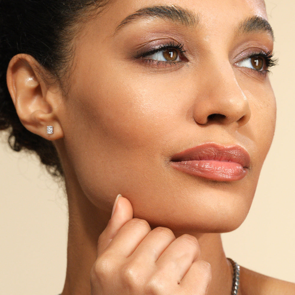 Classic Elongated Cushion Stud Earrings with 14KT White Gold / Lab / 1 Cut Diamond in 14KT White Gold / Lab / 1 view 3