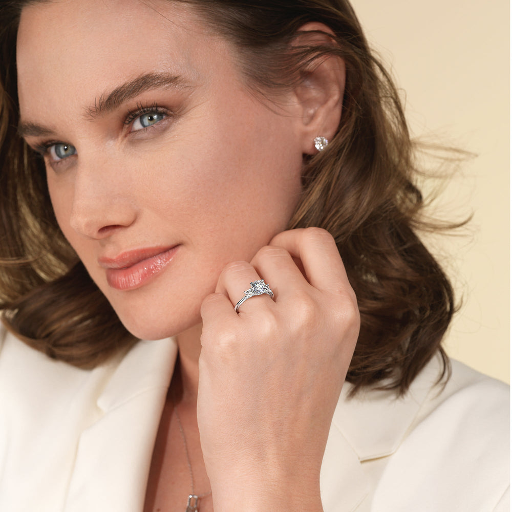 Model Wearing Three Stone Kite Gallery Classic Engagement Ring (E+ VVS+) with Lab Grown Diamond view