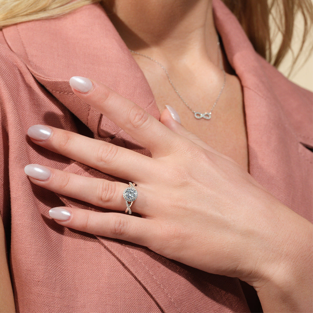 Model Wearing Crossover Split Cathedral Halo Engagement Ring view