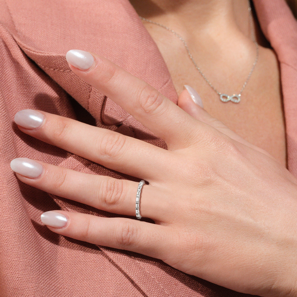 Model Wearing Vintage Baguette Halo Solitaire Diamond Wedding Band view