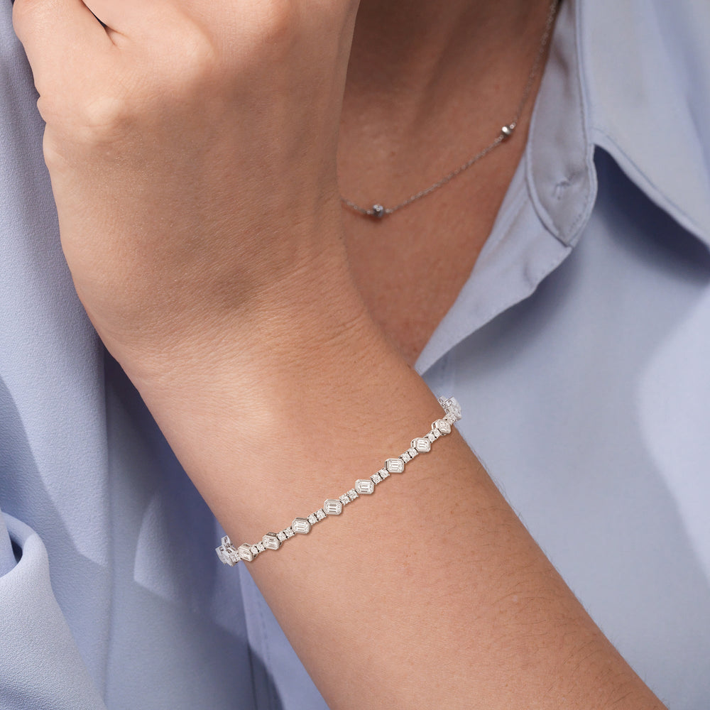 Stationed Emerald Bezel Set Tennis Bracelet with 4 Cut Diamond in 14KT White Gold view 4