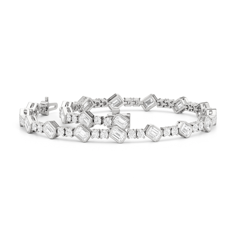Stationed Emerald Bezel Set Tennis Bracelet with 4 Cut Diamond in 14KT White Gold view 3
