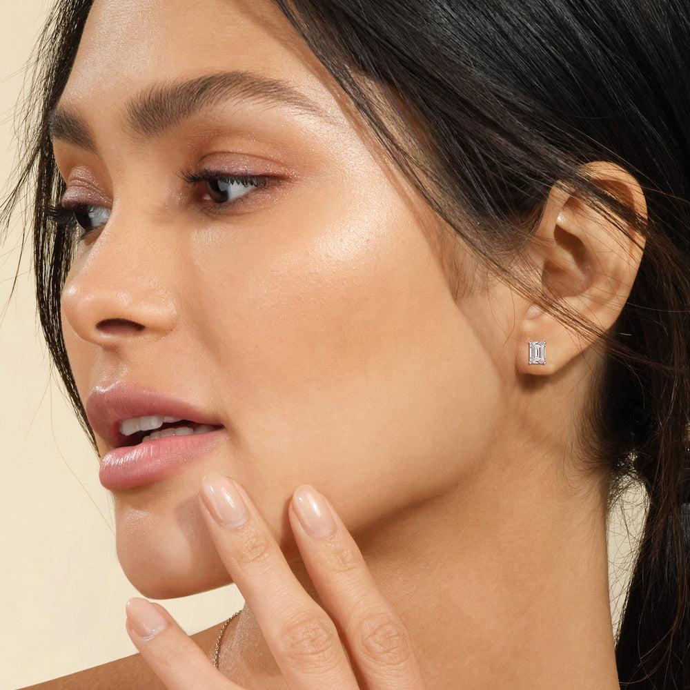Classic Emerald Stud Earrings (F/G VS+) with 14KT Rose Gold / Lab / 1 1/2 Cut Diamond in 14KT Rose Gold / Lab / 1 1/2 view 2