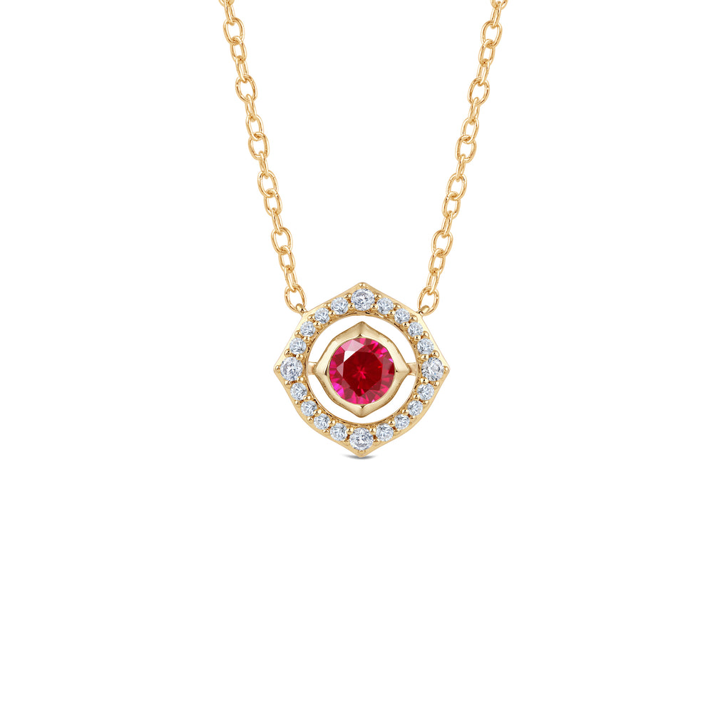 Signature Created Ruby Birthstone Necklace with 4 Cut Diamond in 14KT Yellow Gold view 1