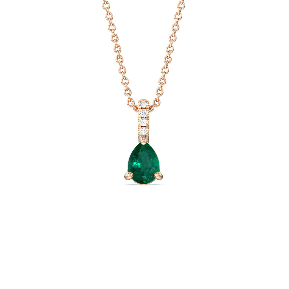 Pear Shape Emerald and Lab Diamond Classic Solitaire Pendant With Studded Bale with 8x5 Cut Diamond in 14KT Rose Gold view 1
