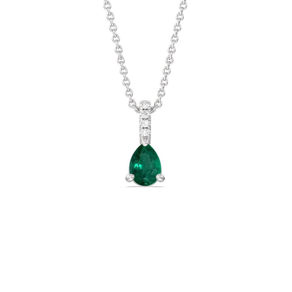 Pear Shape Emerald and Lab Diamond Classic Solitaire Pendant With Studded Bale with 8x5 Cut Diamond in 14KT White Gold view 1