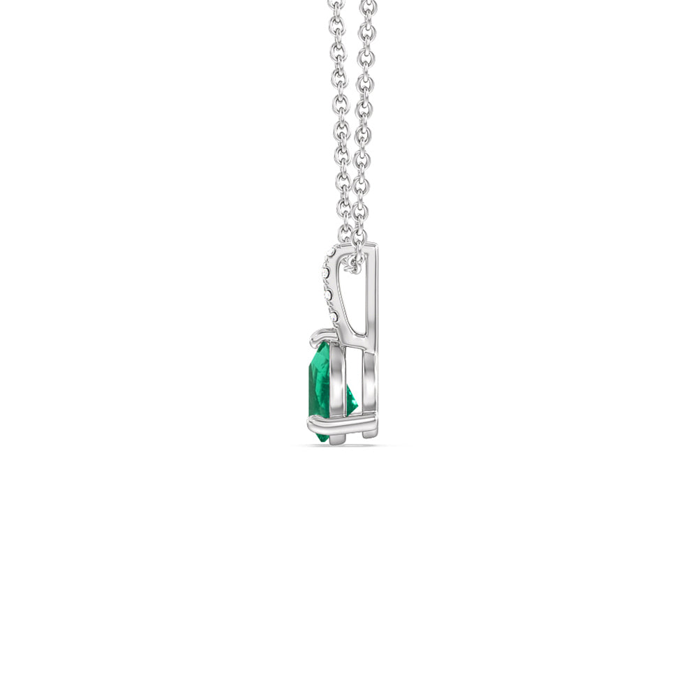 Pear Shape Emerald and Lab Diamond Classic Solitaire Pendant With Studded Bale with 8x5 Cut Diamond in 14KT White Gold view 2