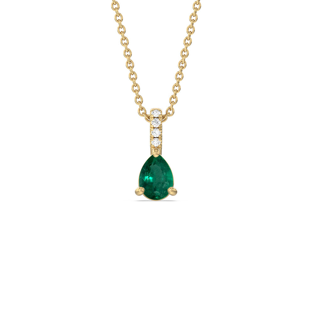 Pear Shape Emerald and Lab Diamond Classic Solitaire Pendant With Studded Bale with 8x5 Cut Diamond in 14KT Yellow Gold view 1