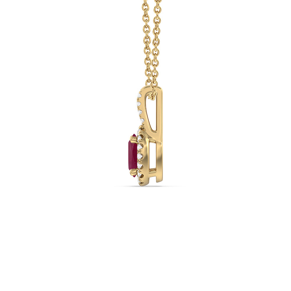 Oval Ruby and Lab Diamond Classic Halo Pendant With Studded Split Bale with 8x6 Cut Diamond in 14KT Yellow Gold view 2