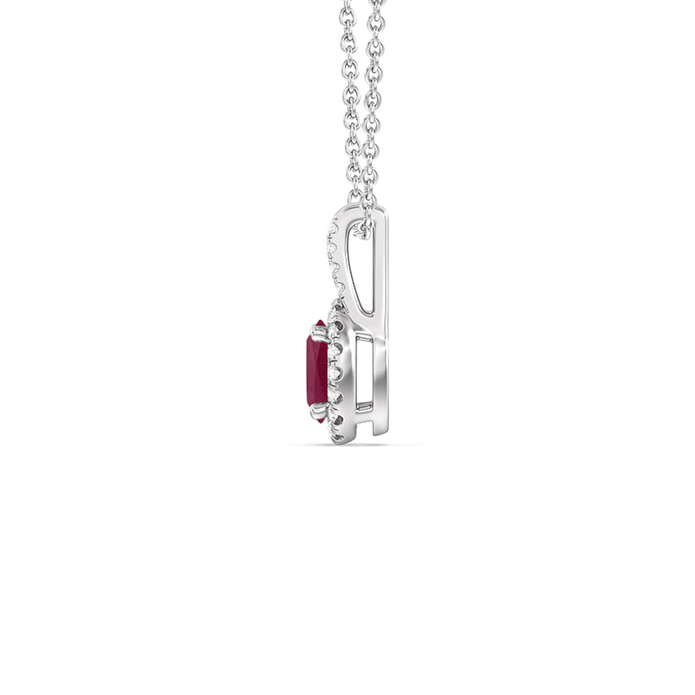 Oval Ruby and Lab Diamond Classic Halo Pendant With Studded Split Bale with 8x6 Cut Diamond in 14KT White Gold view 2