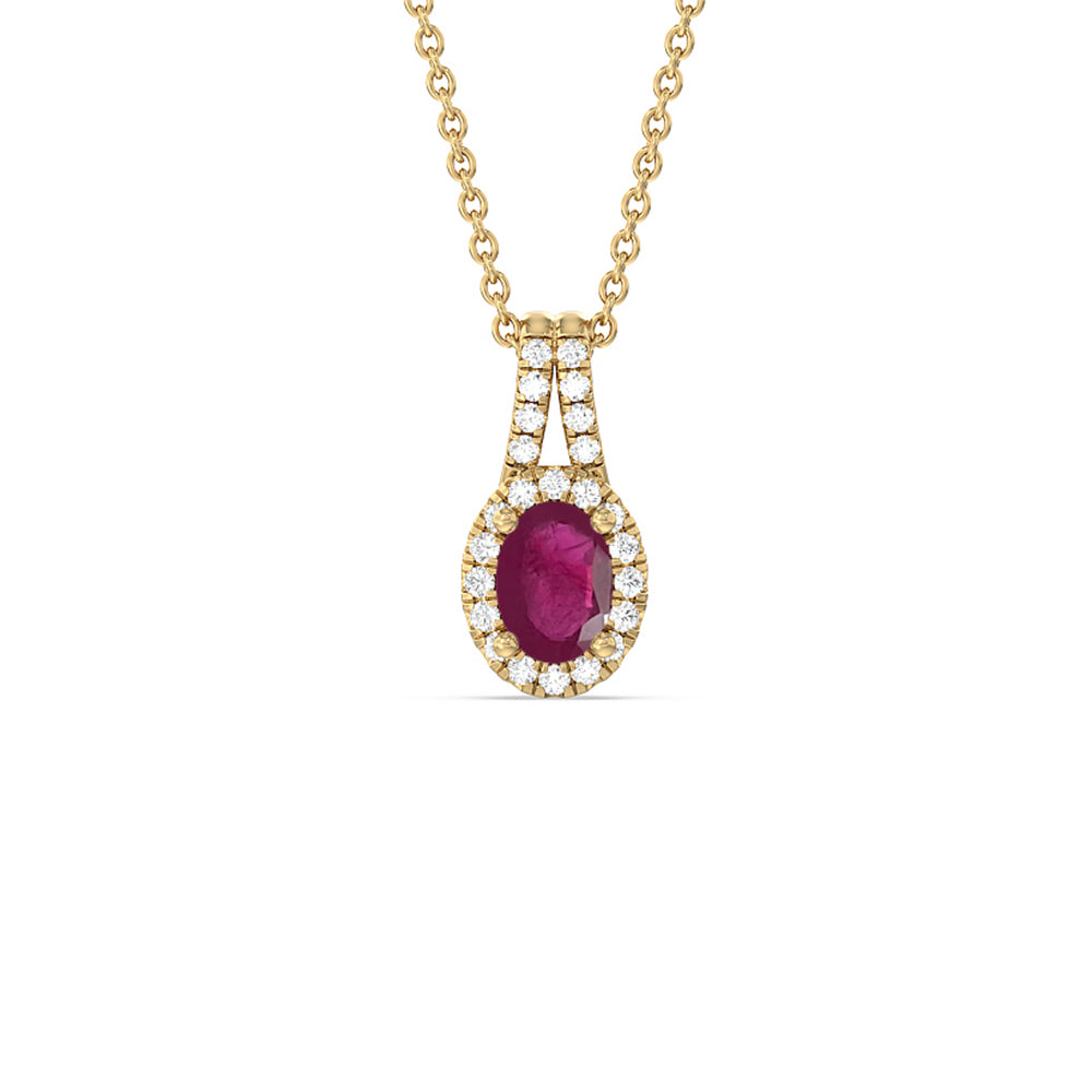 Oval Ruby and Lab Diamond Classic Halo Pendant With Studded Split Bale with 8x6 Cut Diamond in 14KT Yellow Gold view 1