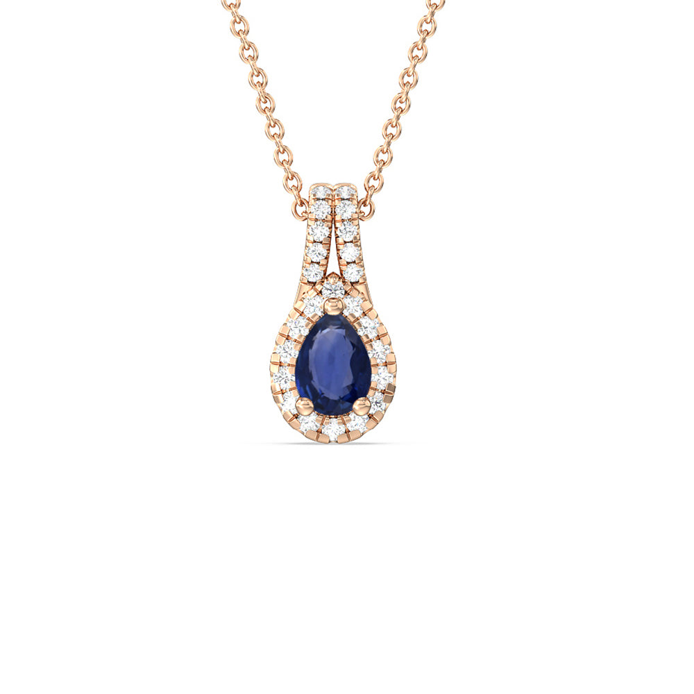 Pear Sapphire and Lab Diamond Classic Halo Pendant With Studded Split Bale with 8x5 Cut Diamond in 14KT Rose Gold view 1
