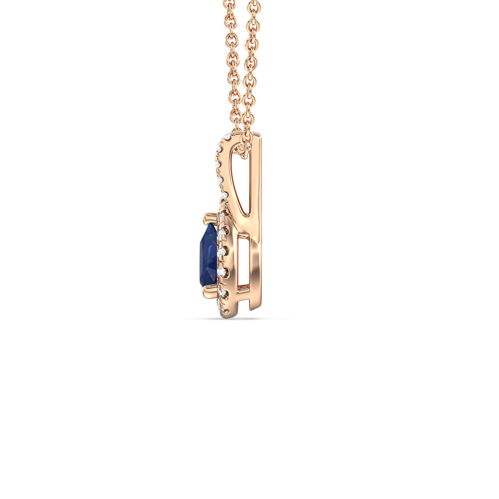 Pear Sapphire and Lab Diamond Classic Halo Pendant With Studded Split Bale with 8x5 Cut Diamond in 14KT Rose Gold view 2