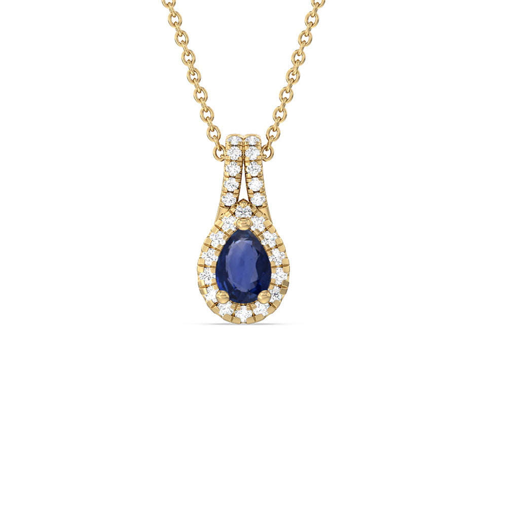 Pear Sapphire and Lab Diamond Classic Halo Pendant With Studded Split Bale with 8x5 Cut Diamond in 14KT Yellow Gold view 1