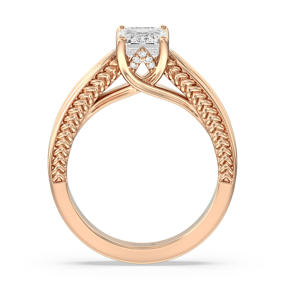 Vintage Hidden Halo Chevron Engagement Ring with Emerald Cut Diamond in 14KT Rose Gold view 2