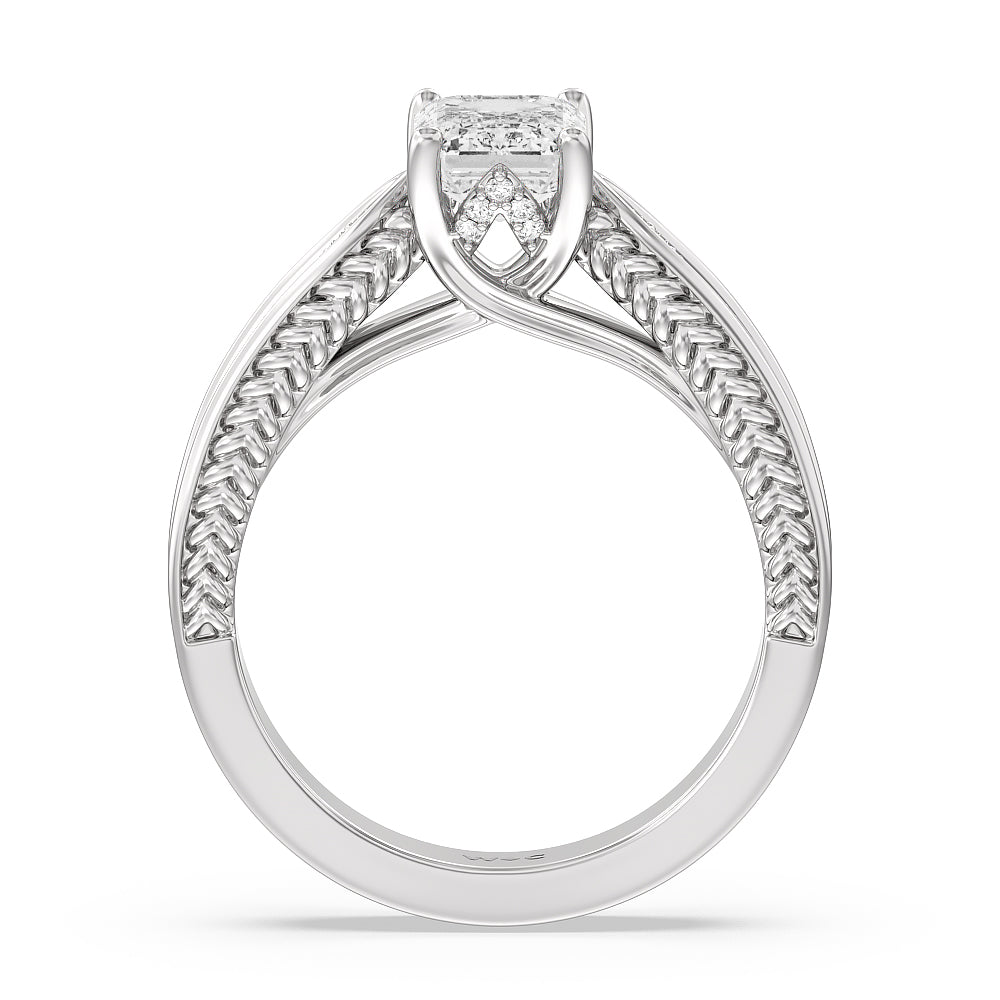 Vintage Hidden Halo Chevron Engagement Ring with Emerald Cut Diamond in 14KT Platinum view 2