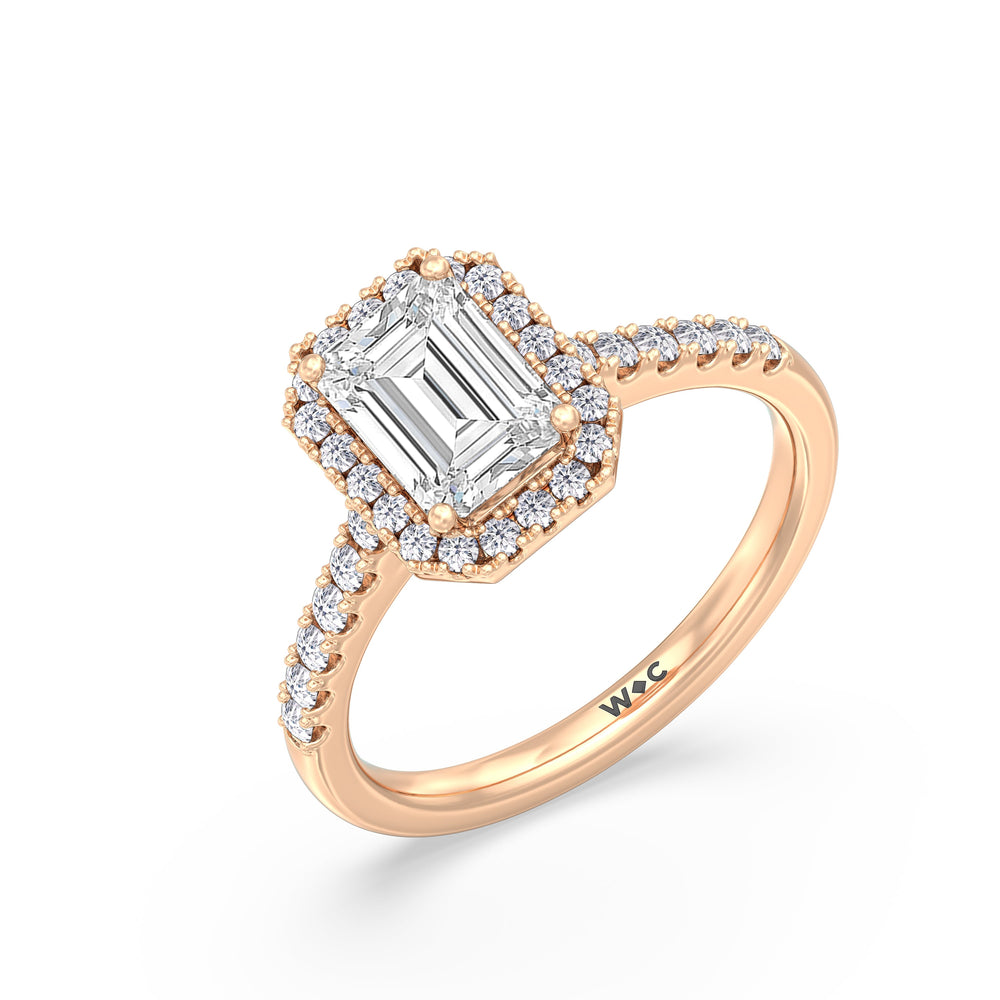 Pave Halo Engagement Ring with Emerald Cut Diamond in 14KT Rose Gold view 3