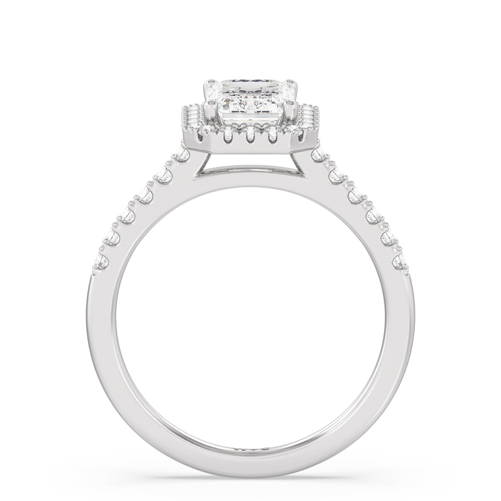 Pave Halo Engagement Ring with Emerald Cut Diamond in 14KT Platinum view 2