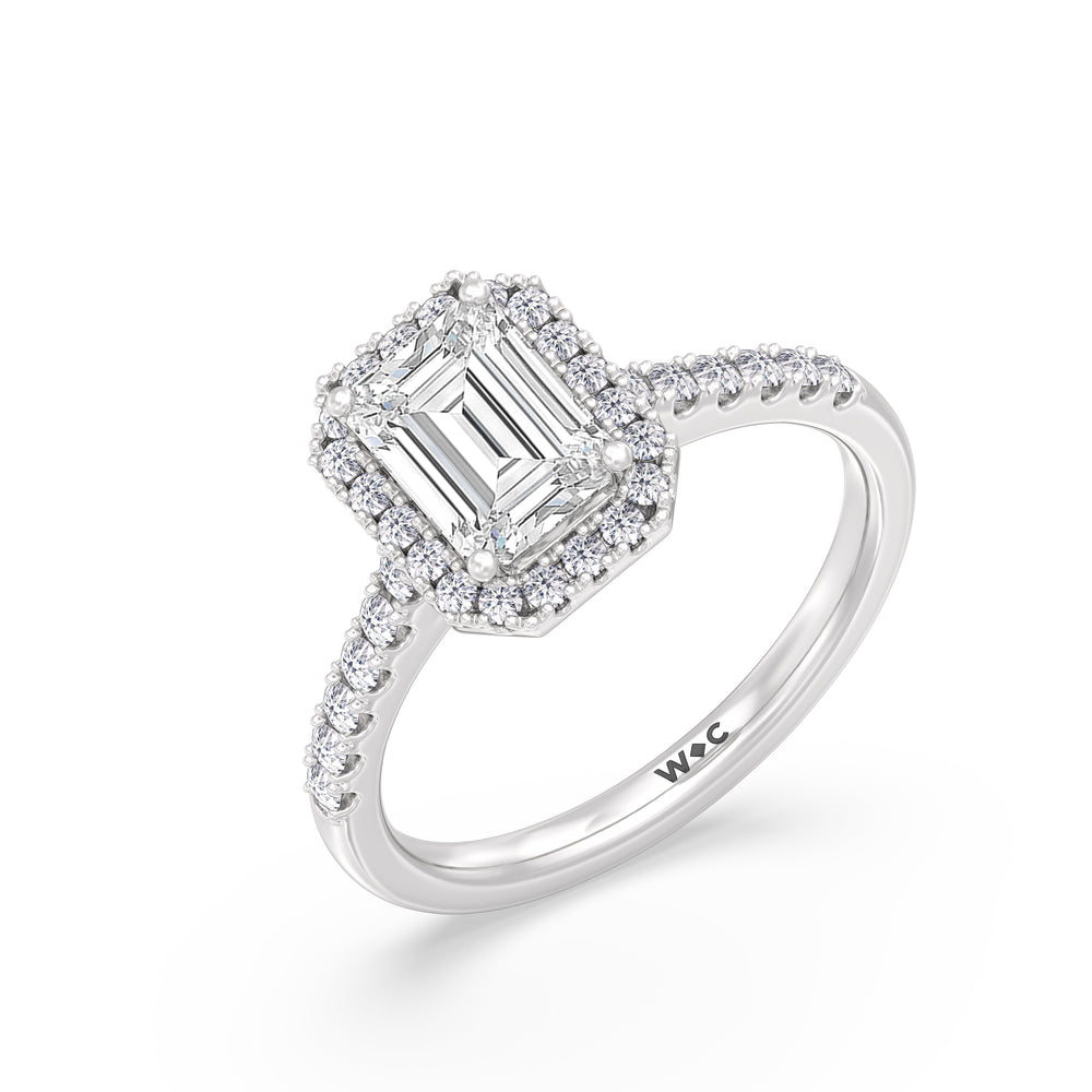 Pave Halo Engagement Ring with Emerald Cut Diamond in 14KT Platinum view 3