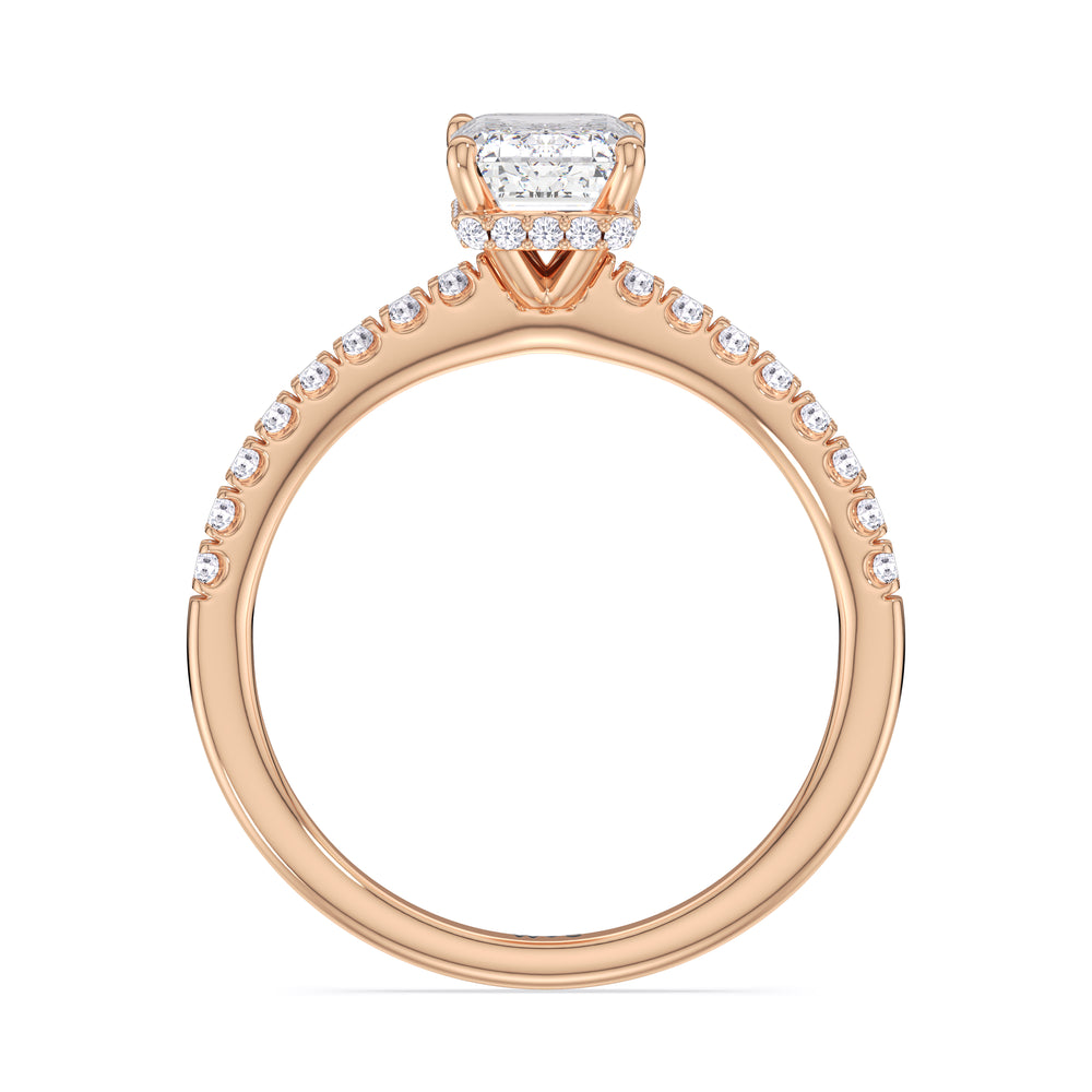 Petite Pave Hidden Halo Engagement Ring with Emerald Cut Diamond in 14KT Rose Gold view 2