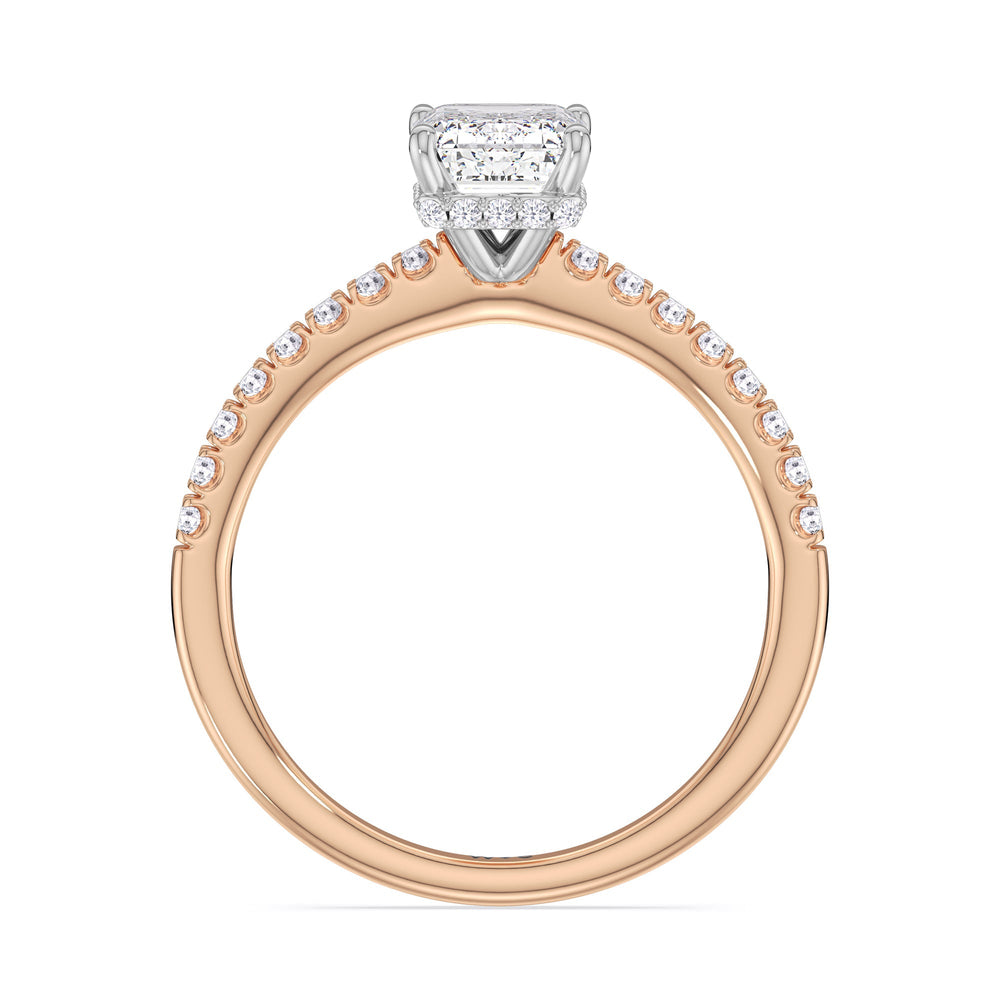 Petite Pave Hidden Halo Engagement Ring with Emerald Cut Diamond in 14KT White & Rose Gold view 2