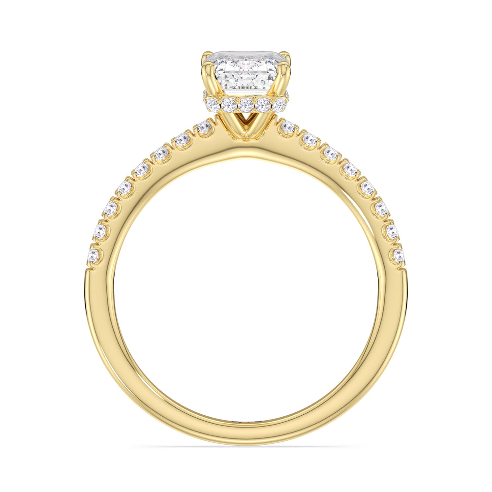 Petite Pave Hidden Halo Engagement Ring with Emerald Cut Diamond in 14KT Yellow Gold view 2