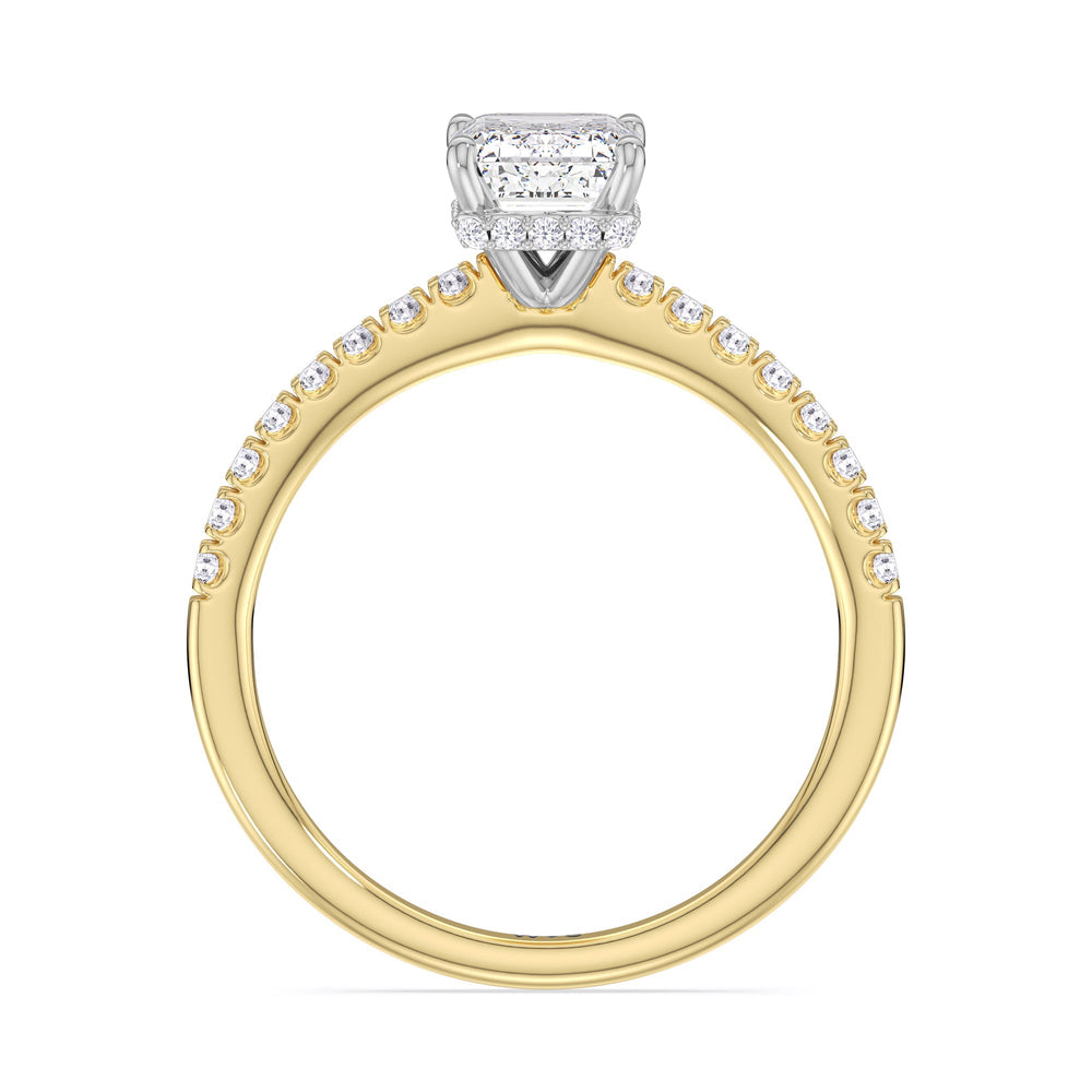 Petite Pave Hidden Halo Engagement Ring with Emerald Cut Diamond in 14KT White & Yellow Gold view 2