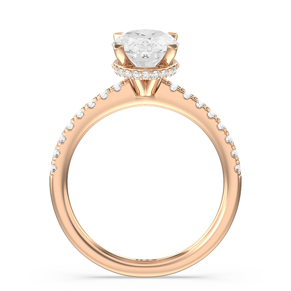 Petite Pave Hidden Halo Engagement Ring with Oval Cut Diamond in 14KT Rose Gold view 3
