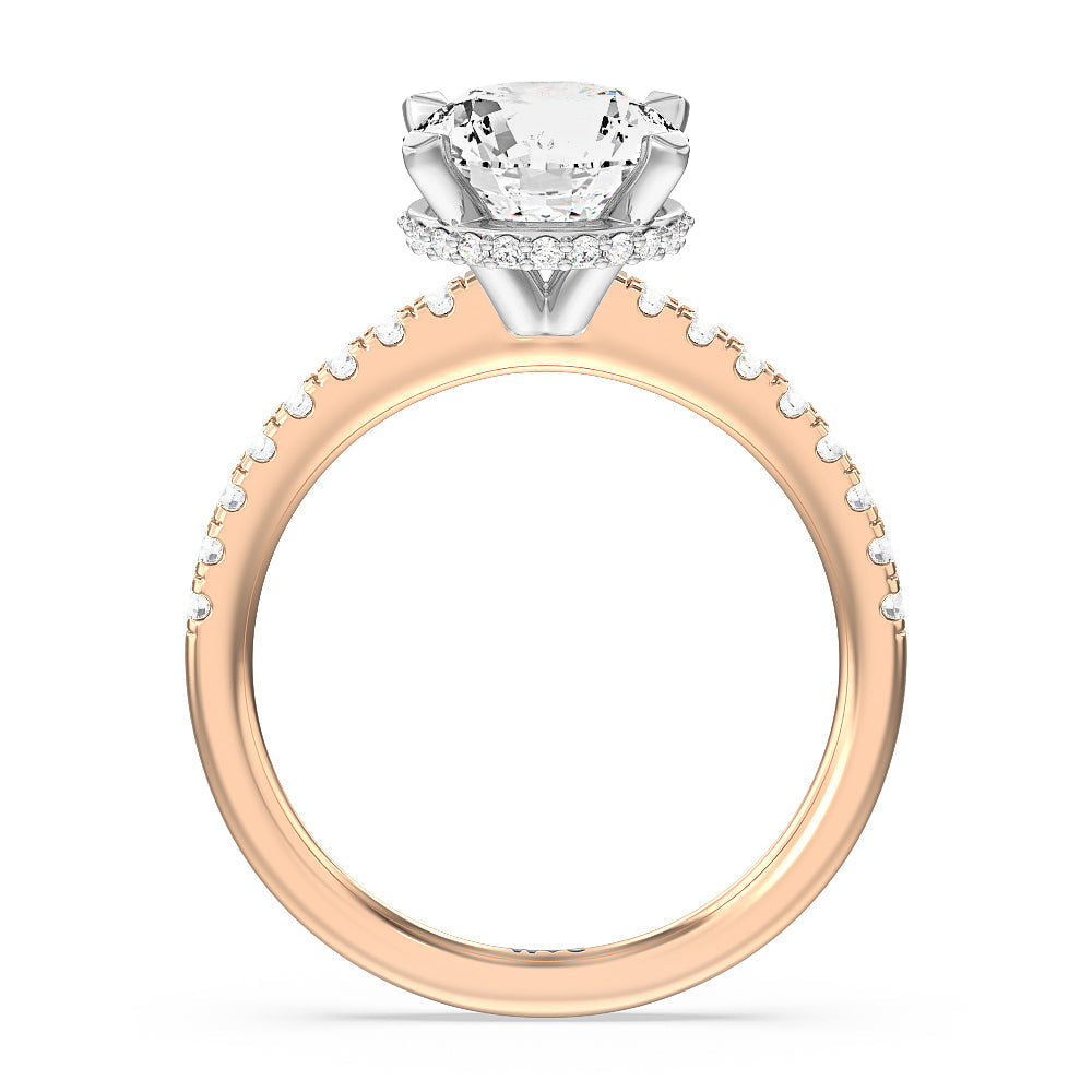 Petite Pave Hidden Halo Engagement Ring with Round Cut Diamond in 14KT White & Rose Gold view 2