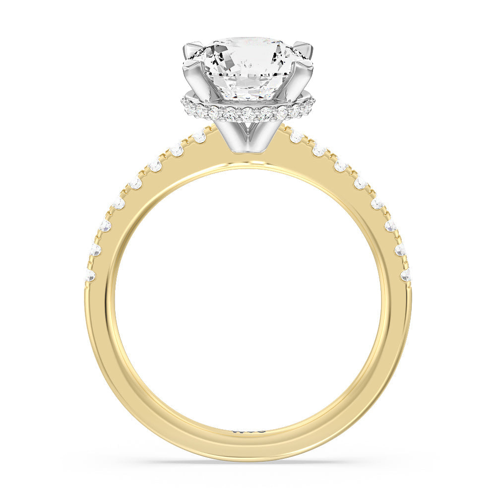 Petite Pave Hidden Halo Engagement Ring with Round Cut Diamond in 14KT White & Yellow Gold view 2