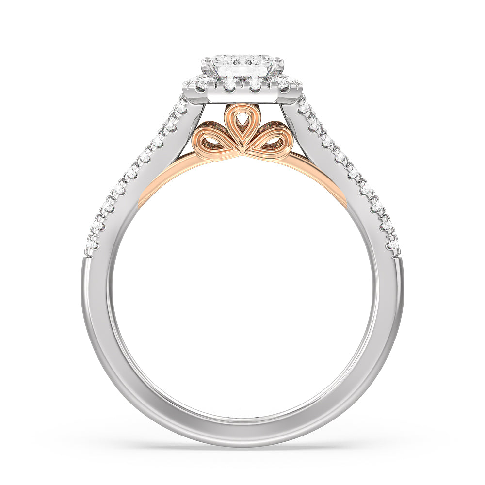 Split Shank Cathedral Halo Engagement Ring with Emerald Cut Diamond in 14KT White & Rose Gold view 2