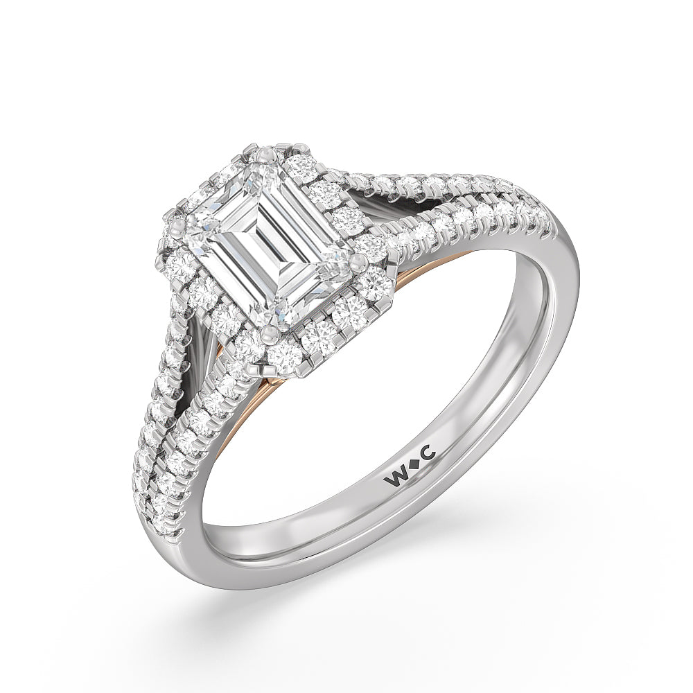 Split Shank Cathedral Halo Engagement Ring with Emerald Cut Diamond in 14KT White & Rose Gold view 3