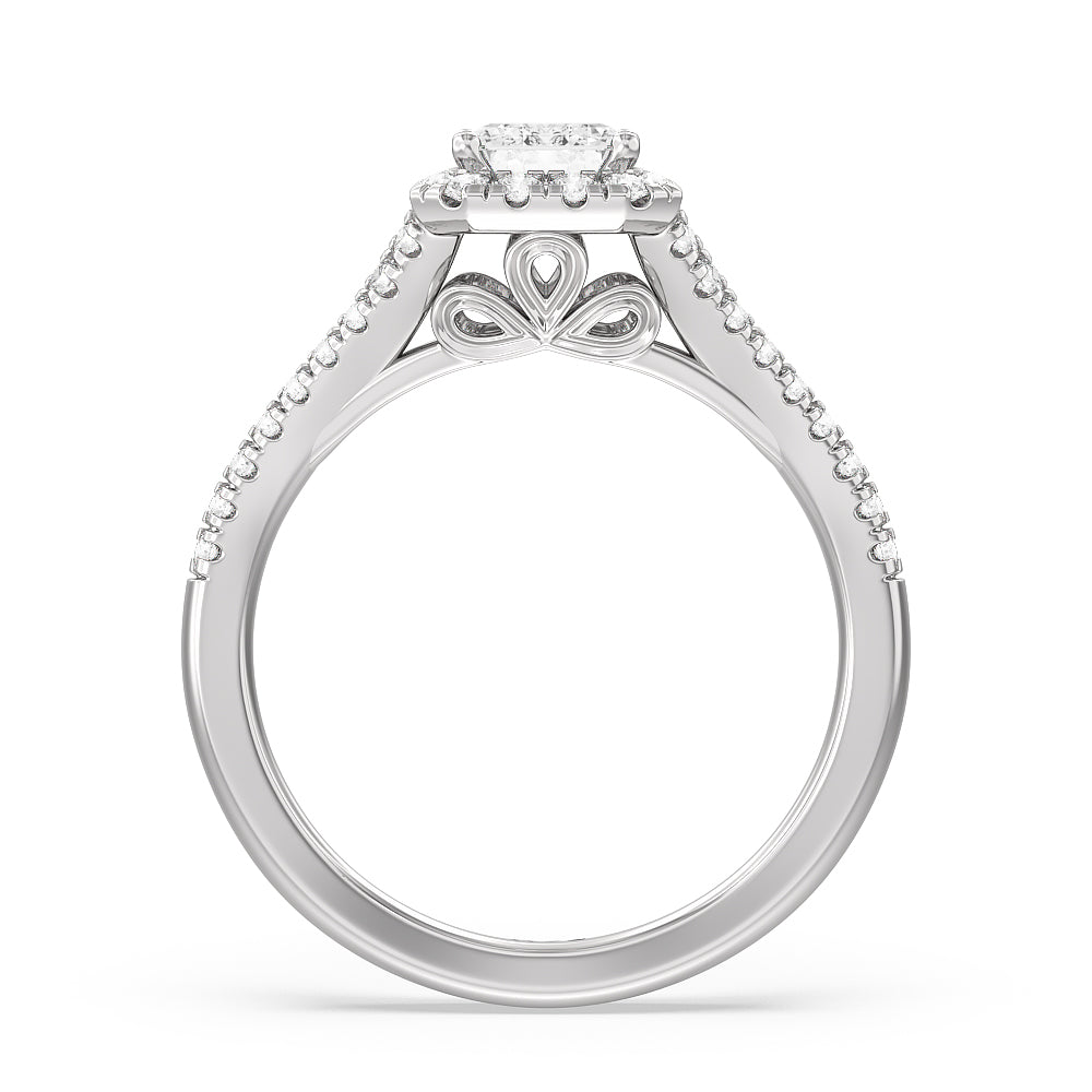 Split Shank Cathedral Halo Engagement Ring with Emerald Cut Diamond in 14KT Platinum view 2